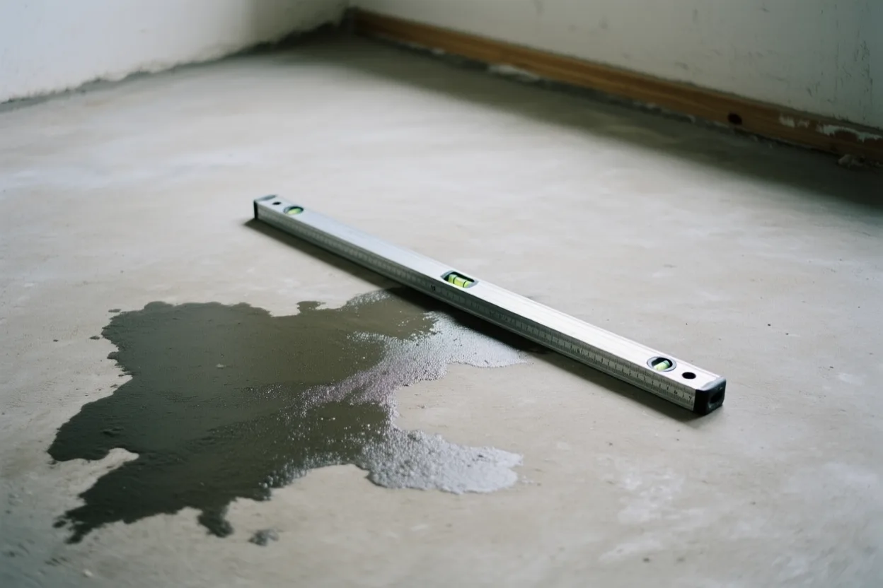 Damp patch spreading across a concrete slab floor