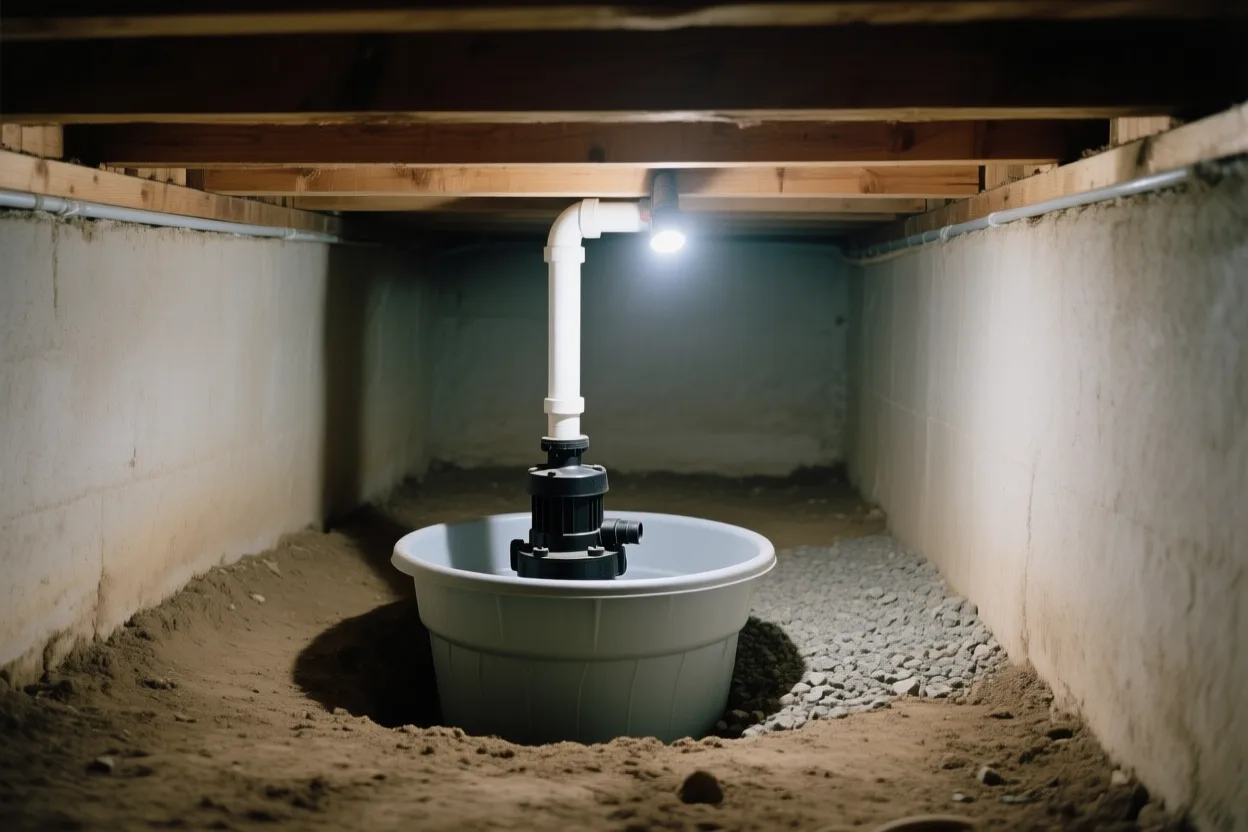 Sump pump in a basin under floor joists in a crawl space