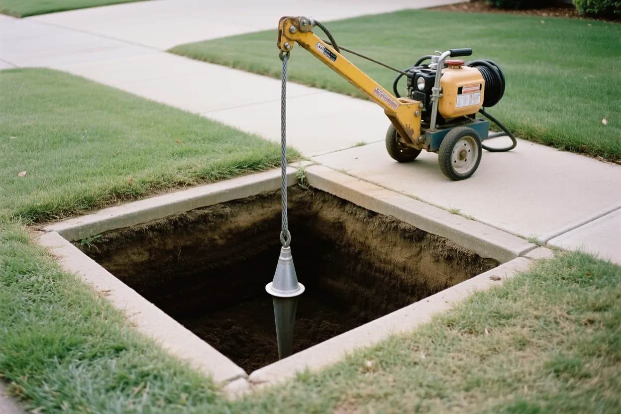 Small access pit with pipe-bursting equipment in a front yard